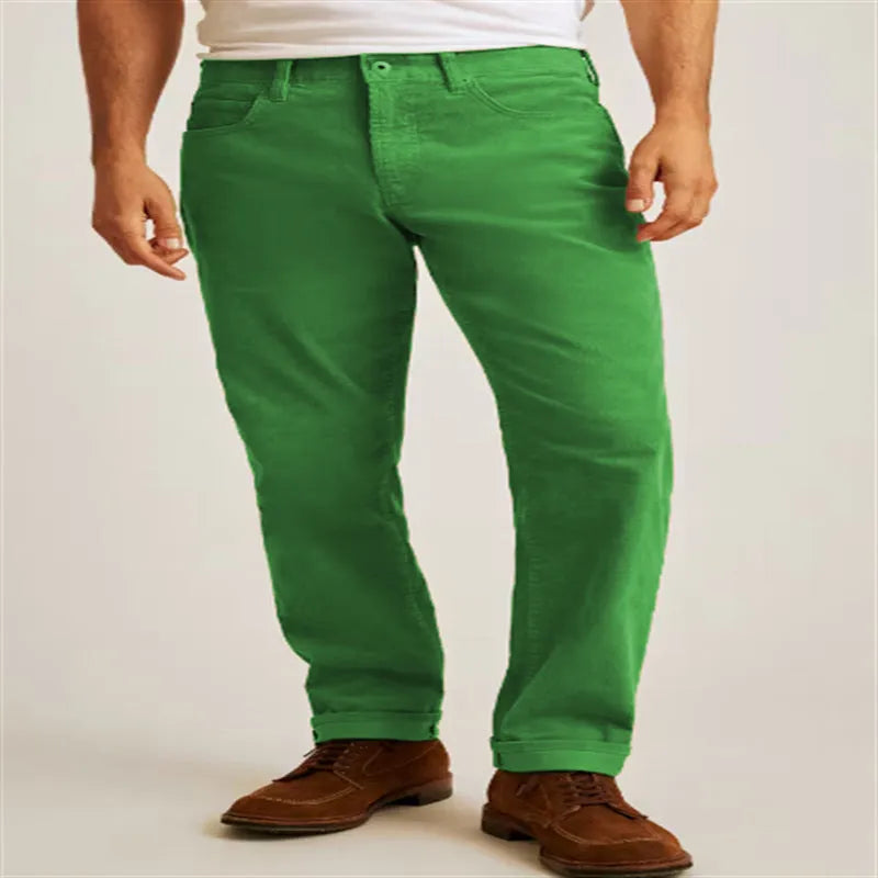 Corduroy straight-leg casual trousers in green with mid waist and zip placket closure