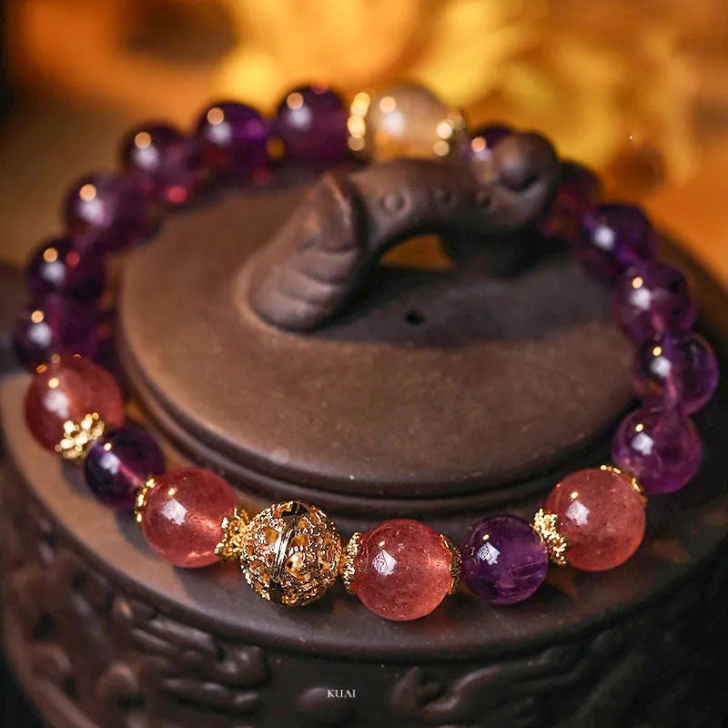 Artificial crystal citrine lucky bracelet for women with electroplated finish in yellow gold or amethyst colours