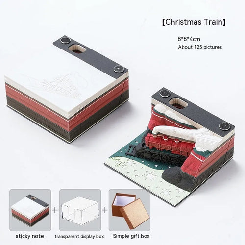 3D paper carving sticky notes notepad with Qingshui Temple design in Christmas Train colour.