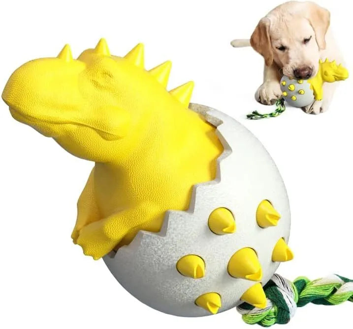 Blue dinosaur-shaped dog chew toy with textured nubs and a green rope tail for fetch or tug.