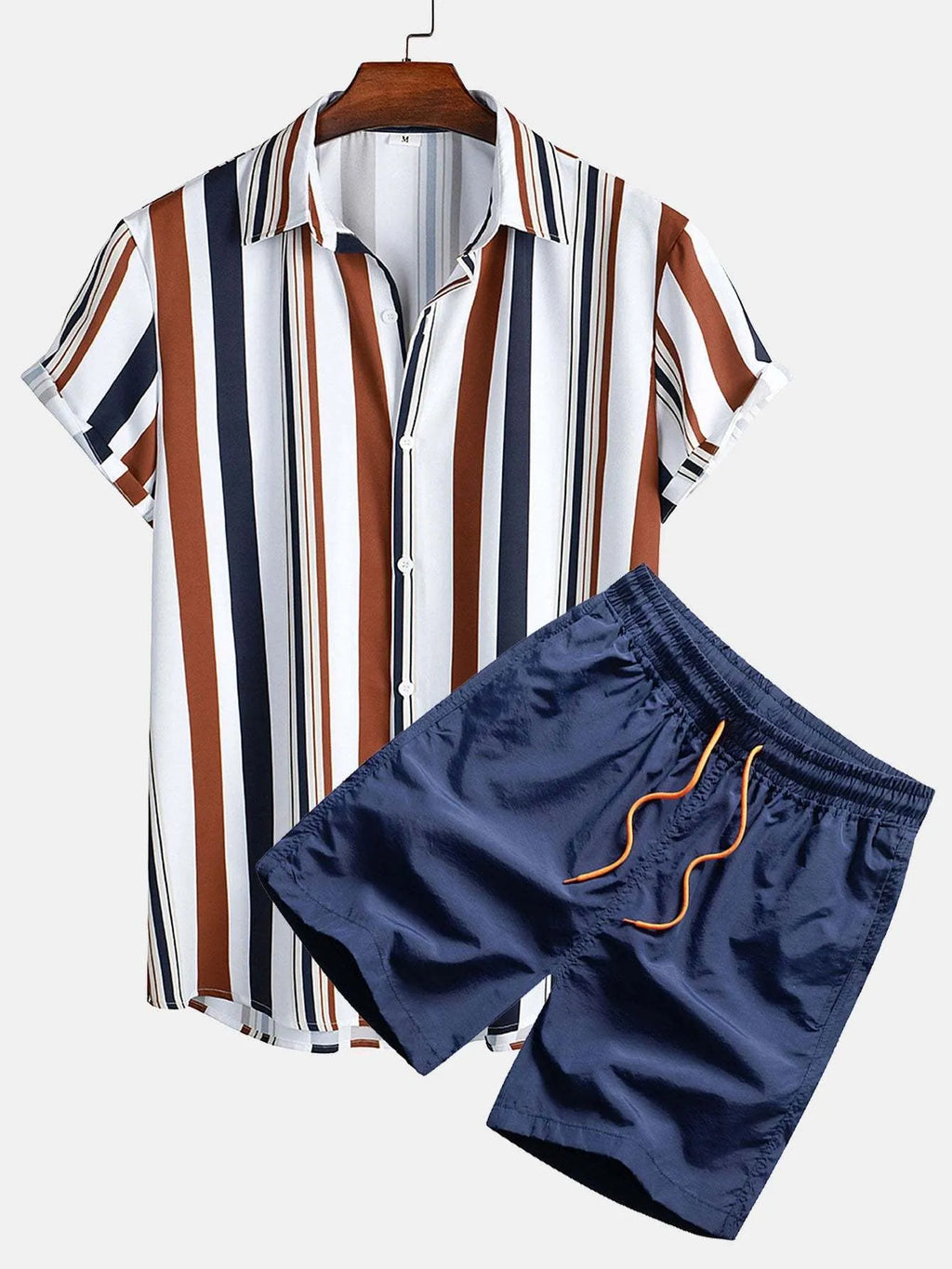 Men's digital print cardigan suit with short sleeve shirt and elastic shorts in polyester fabric