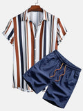 Men's digital print cardigan suit with short sleeve shirt and elastic shorts in polyester fabric