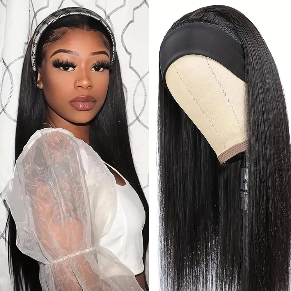 Headband wig with integrated elasticated headband in black straight, black curly, or wine red high temperature fibre hair