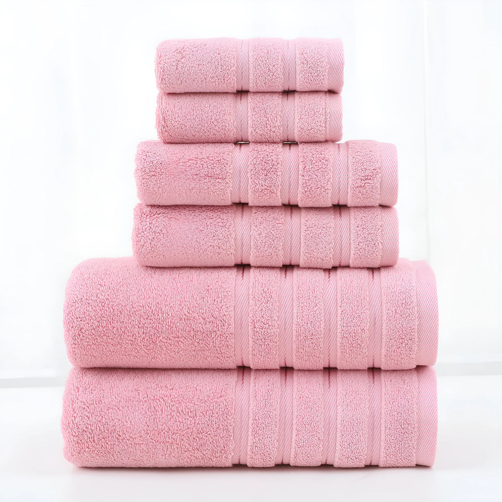 Combed cotton towel six-piece set with twill weave in multiple colours including white, black, and avocado green.
