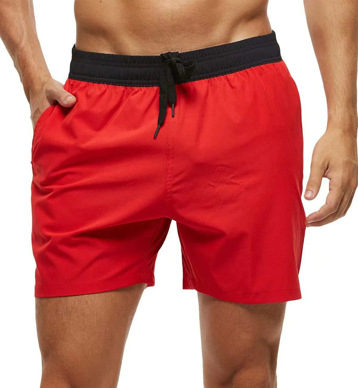 Men's blue fitness shorts with stitched waist headband, drawstring, zipper pocket, and padding for running
