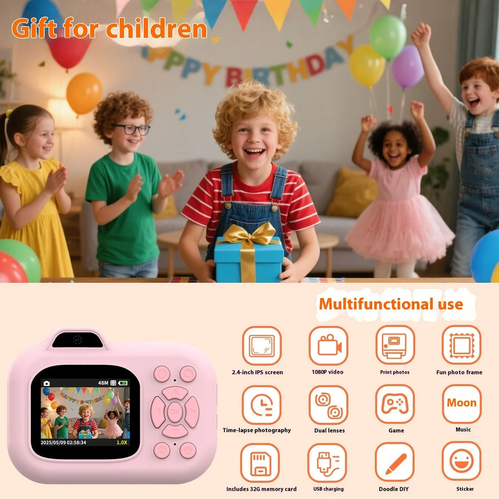 Children's plastic digital camera in pink, blue or purple colour with charging cable