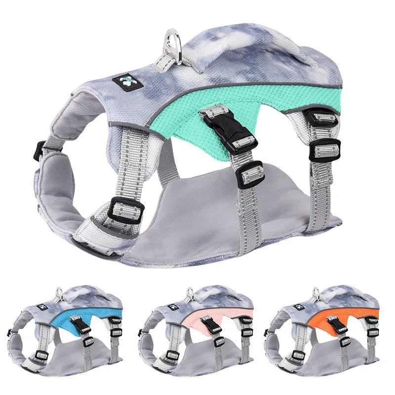 Light blue reflective dog cooling chest strap adjustable harness on a size chart.
