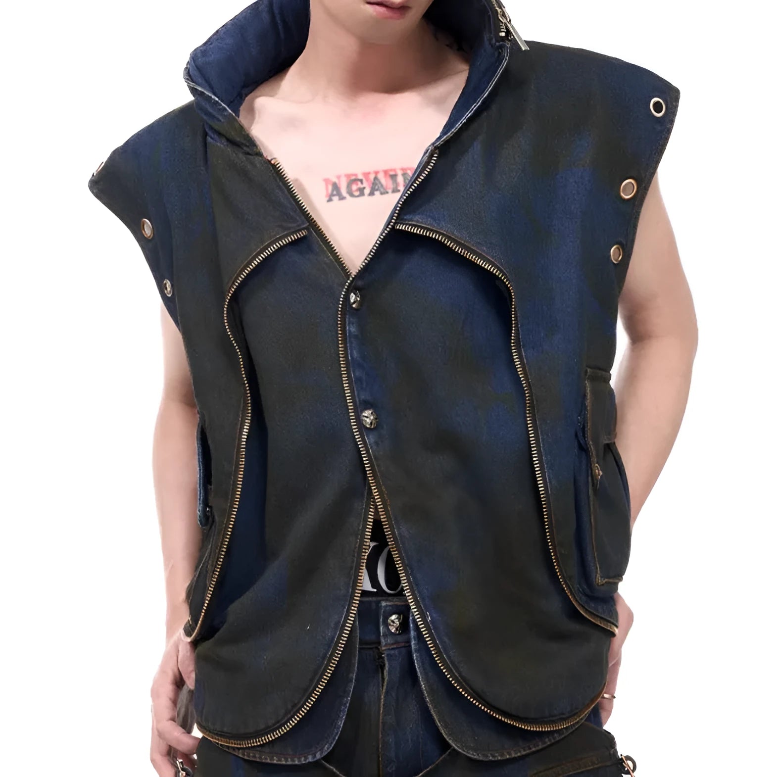 Blue polyester Korean style hooded denim vest coat with matching trousers two-piece set