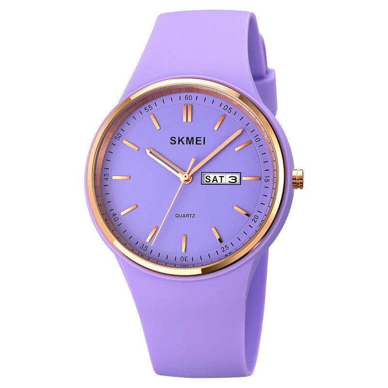 Quartz calendar watch with silicone strap, 42mm dial, waterproof to 30 metres in six colour options