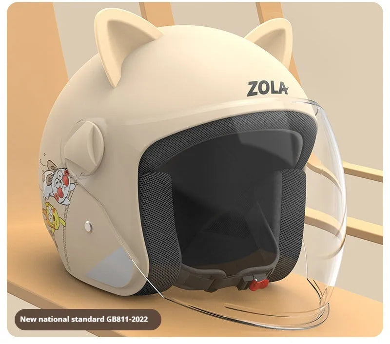 Blue electric bike helmet with attached winter scarf and a clear anti-fog visor