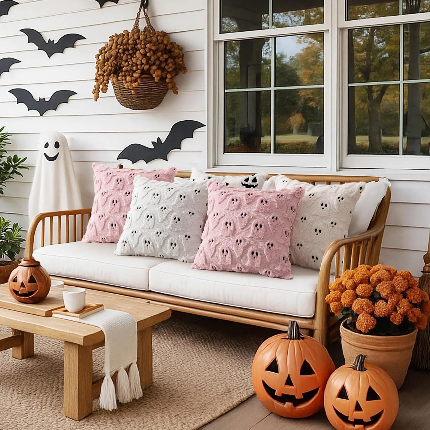 Plush stereo ghost embroidered black and white holiday decorative cushion cover 45x45cm on sofa