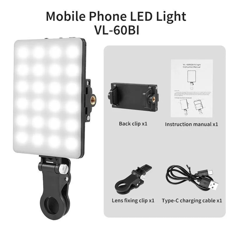 Portable LED fill light with clip attachment for mobile photography and video recording