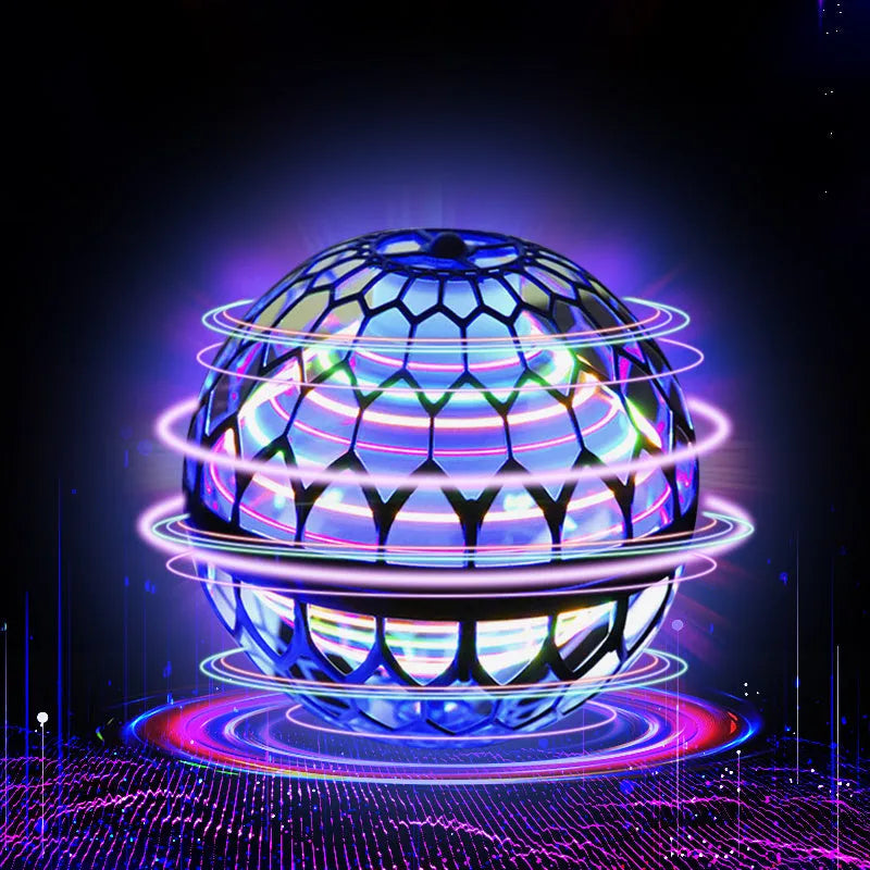 Blue flying ball toy with LED lights hovering above a child's hand next to a magic wand.