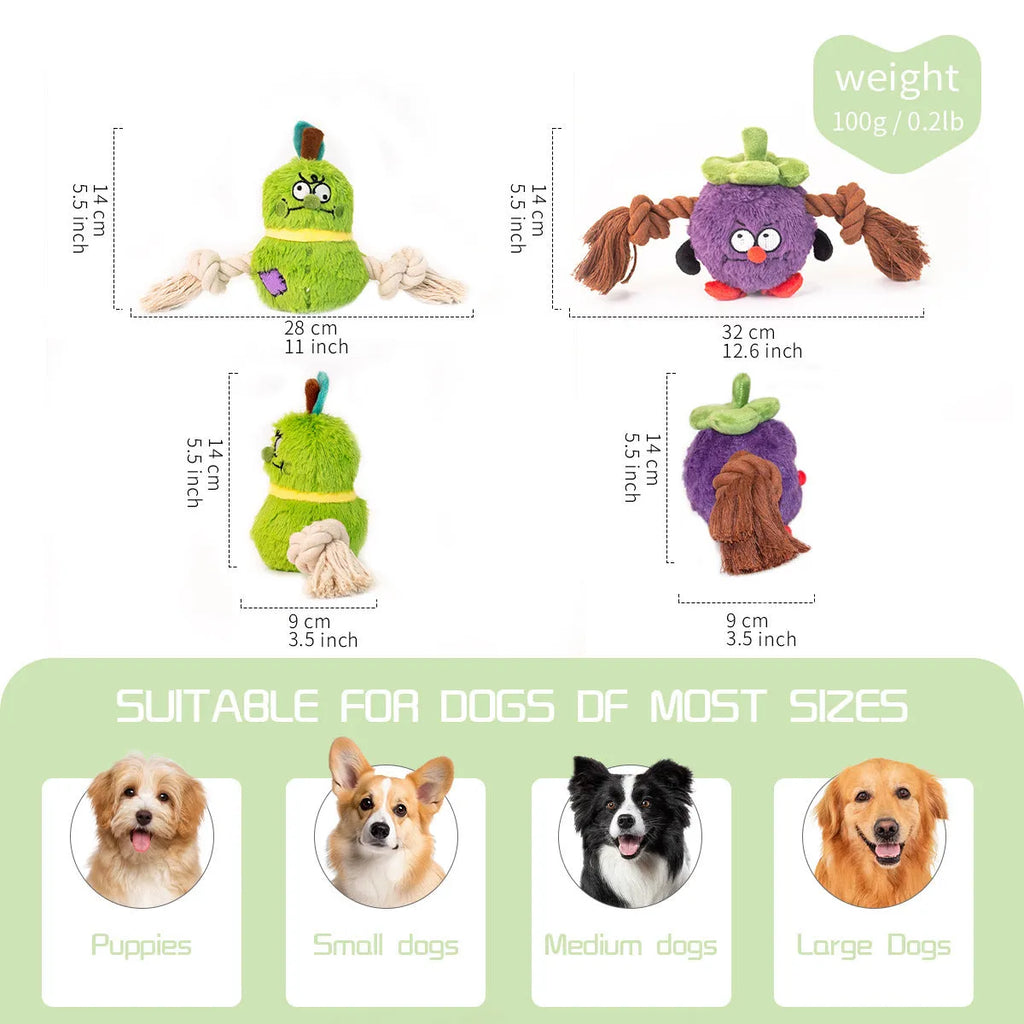 Green and purple interactive dog toy with plush rope knot design and molar tooth texture for tug-of-war games