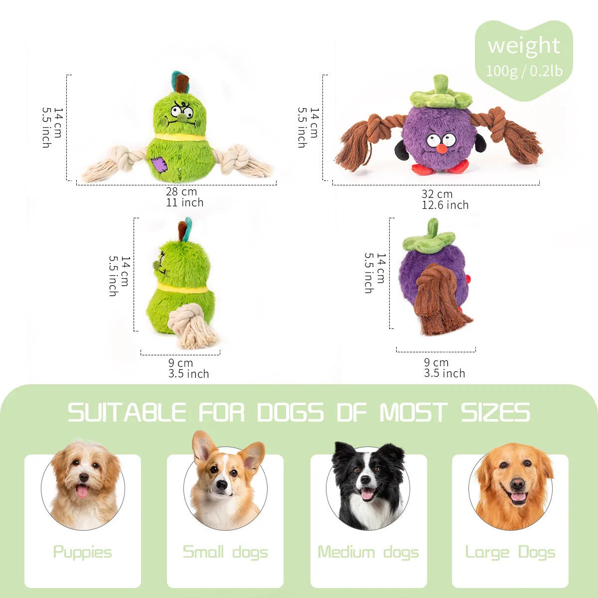 Green and purple interactive dog toy with plush rope knot design and molar tooth texture for tug-of-war games