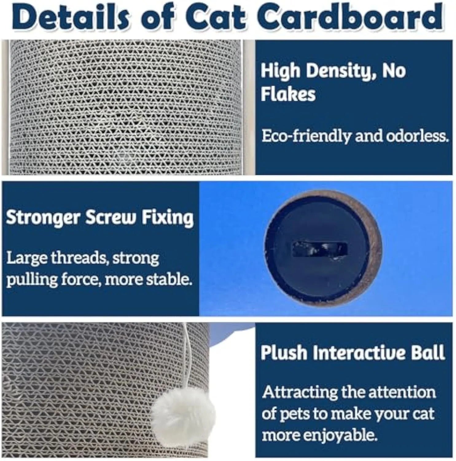 Dark grey vertical cat corner scratching pad with hanging ball on a cardboard surface.