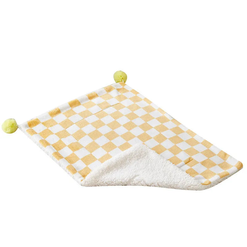 Plaid pattern pet blanket with fur ball decorations in green, pink or yellow colours