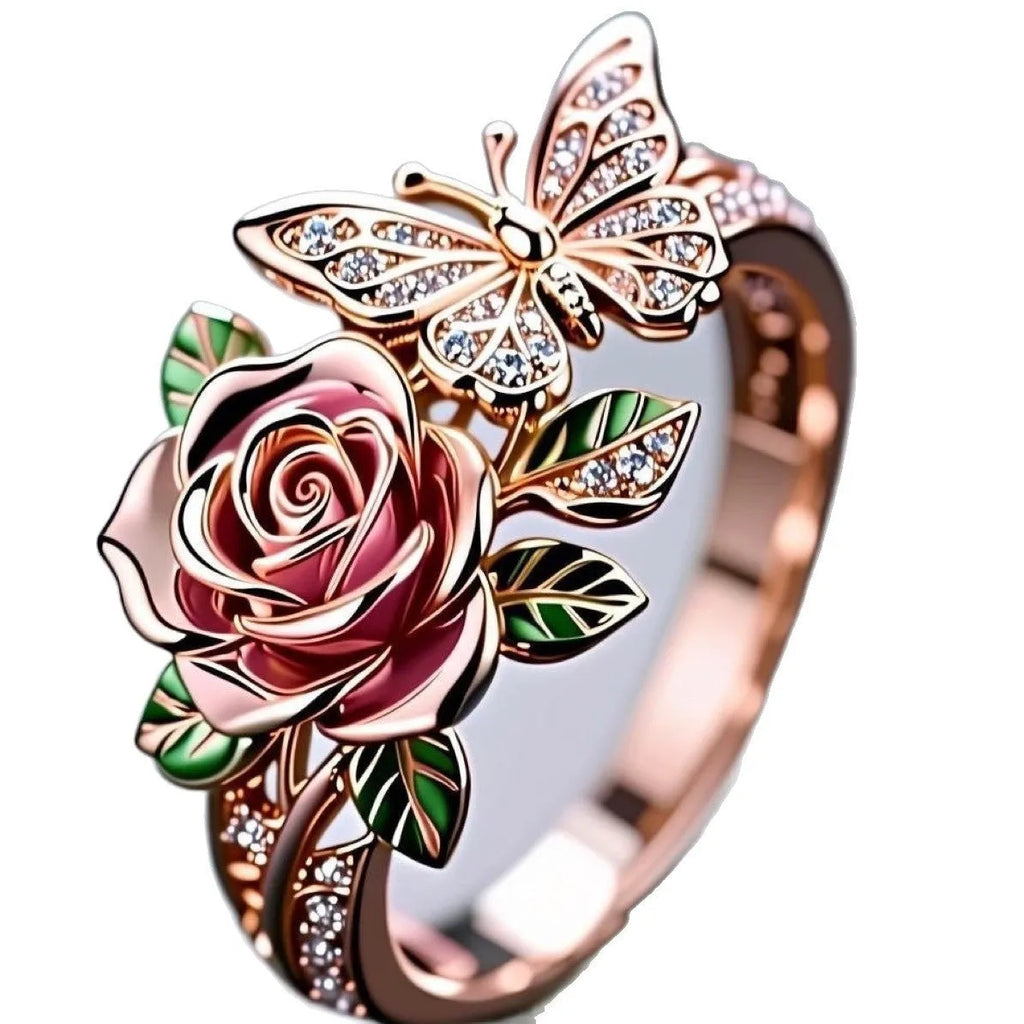 Adjustable butterfly ring with colourful oil-drip effect showing floral and insect details