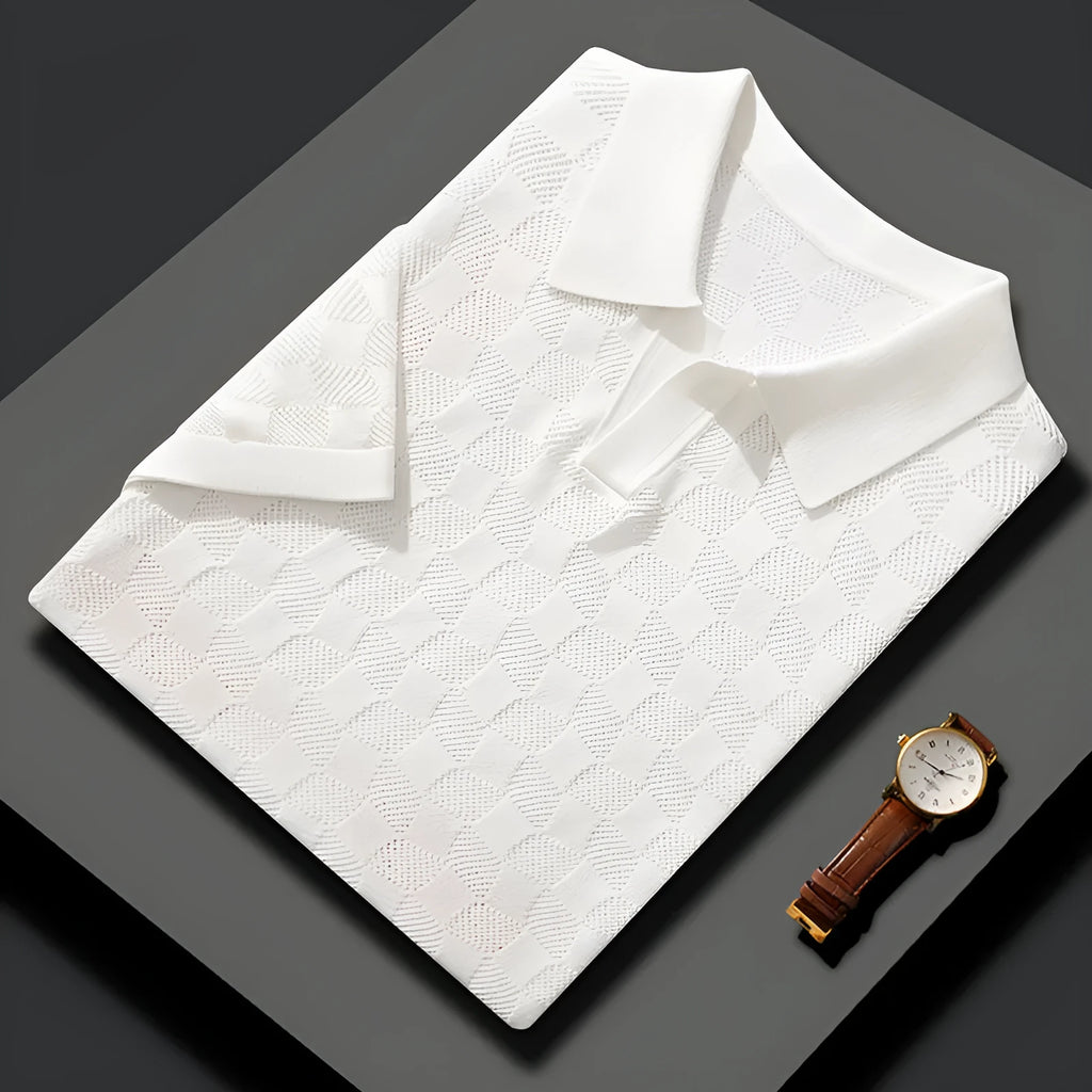 Men's short sleeve business casual lapel sweater in mulberry silk, available in black, white, gray and camel colours