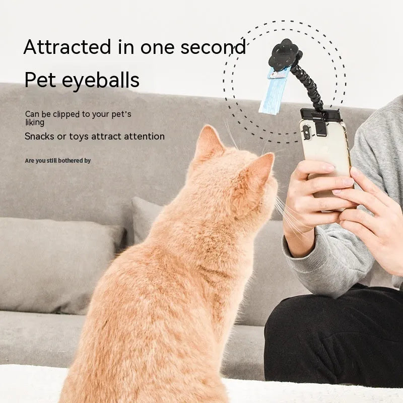 Black and white pet photography phone holder with snack grip and 360-degree rotation