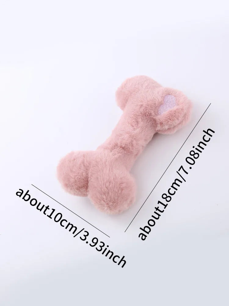 Cute love bone shaped plush dog toy with vocal squeaker in blue, pink, or yellow colours