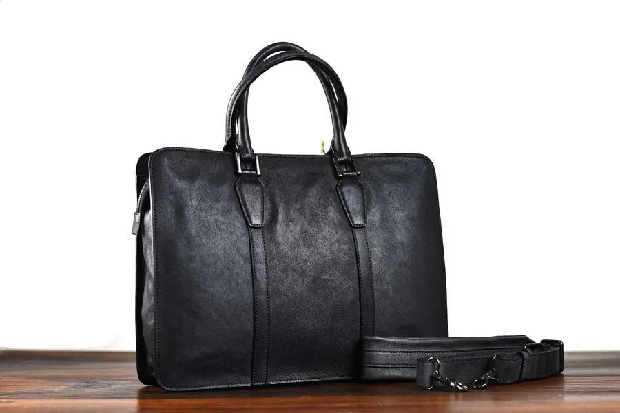 Men's 14 inch horizontal leather business handbag in khaki colour with zipper opening