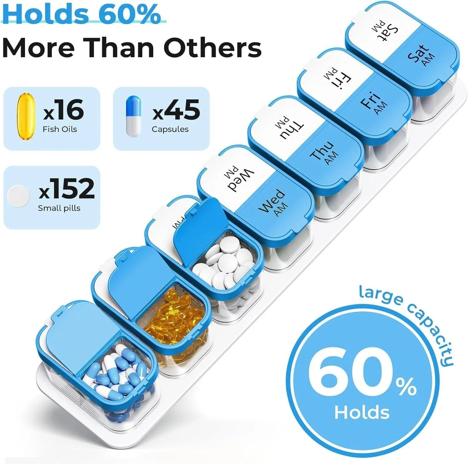 Extra large white and rainbow 14-compartment pill box organiser with removable dispensers