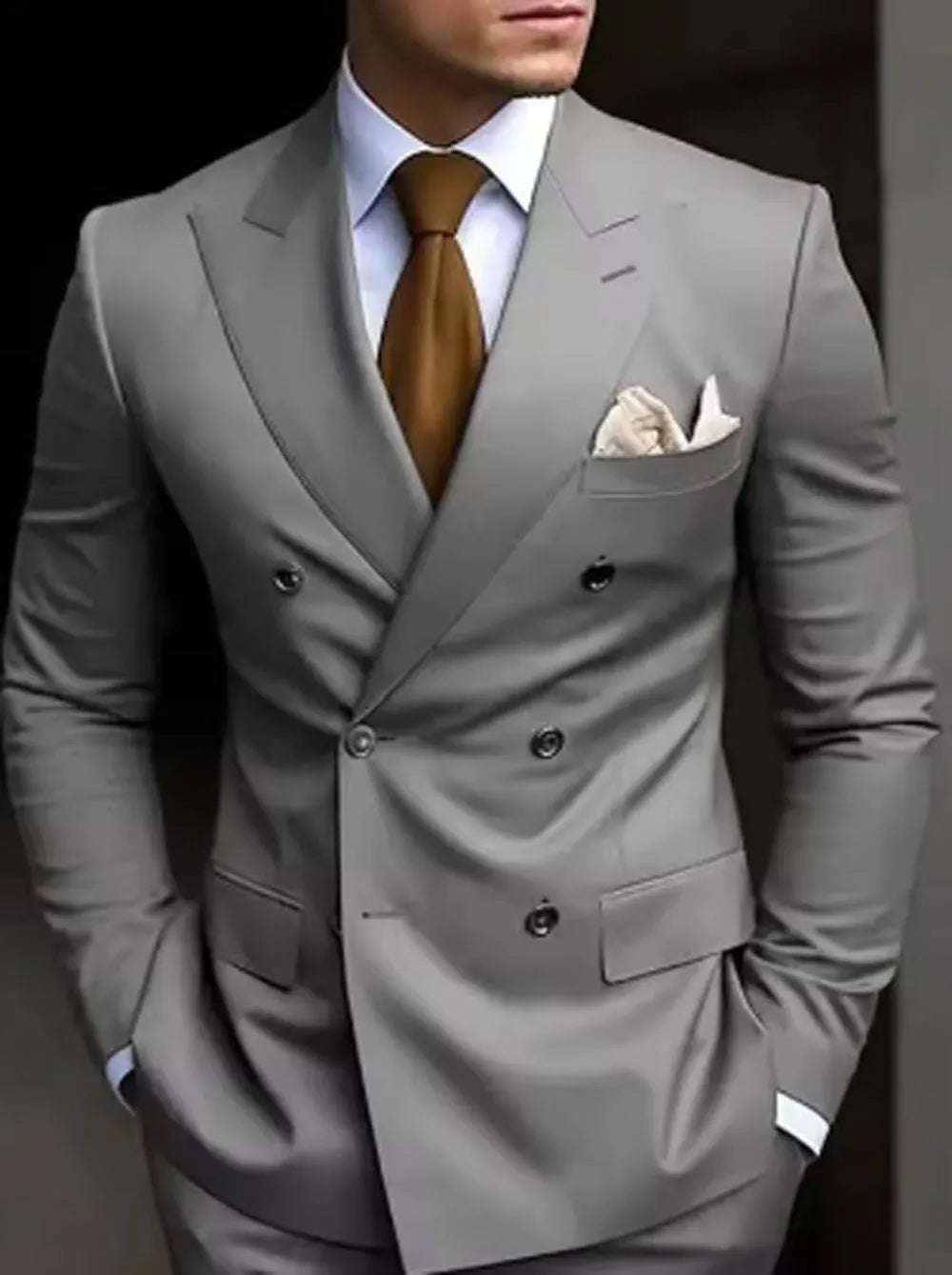 Men's gray Korean slim fit two-piece suit jacket and trousers on a hanger