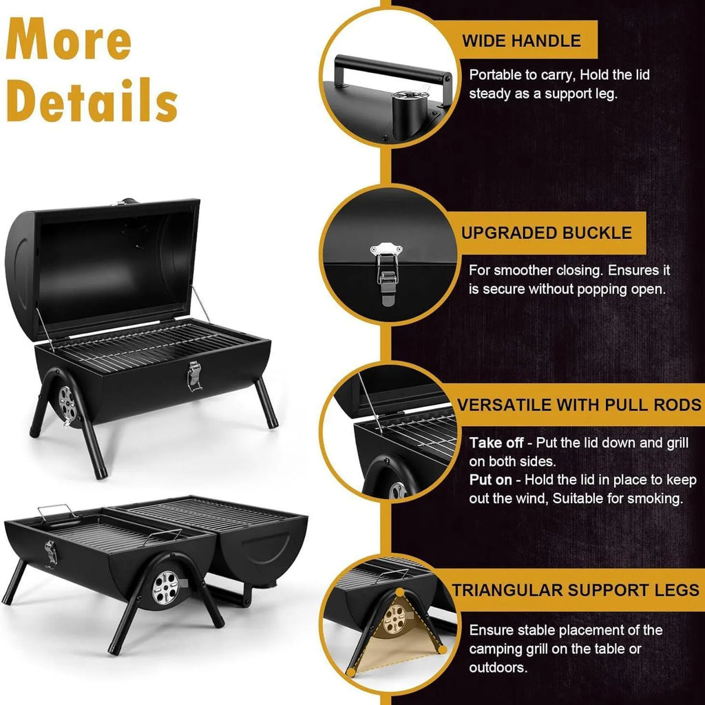 Small folding desktop charcoal barbecue grill with a compact, collapsible metal frame.