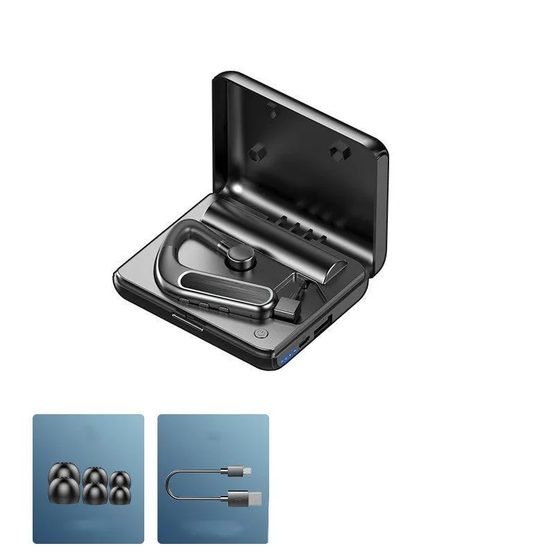 Wireless Bluetooth earphones in black with hanging ear design and silicone ear caps