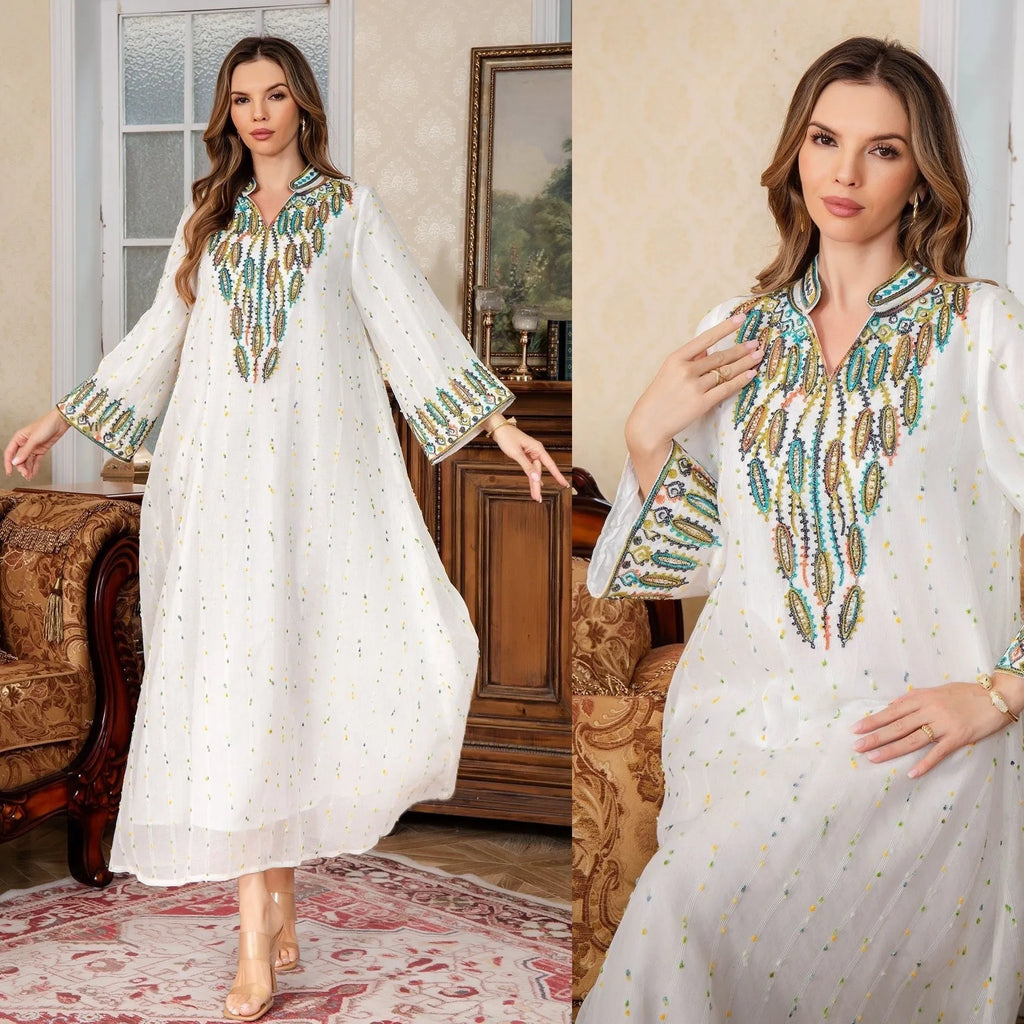 White polyester Arabic robe abaya dress with long sleeves and full-length skirt