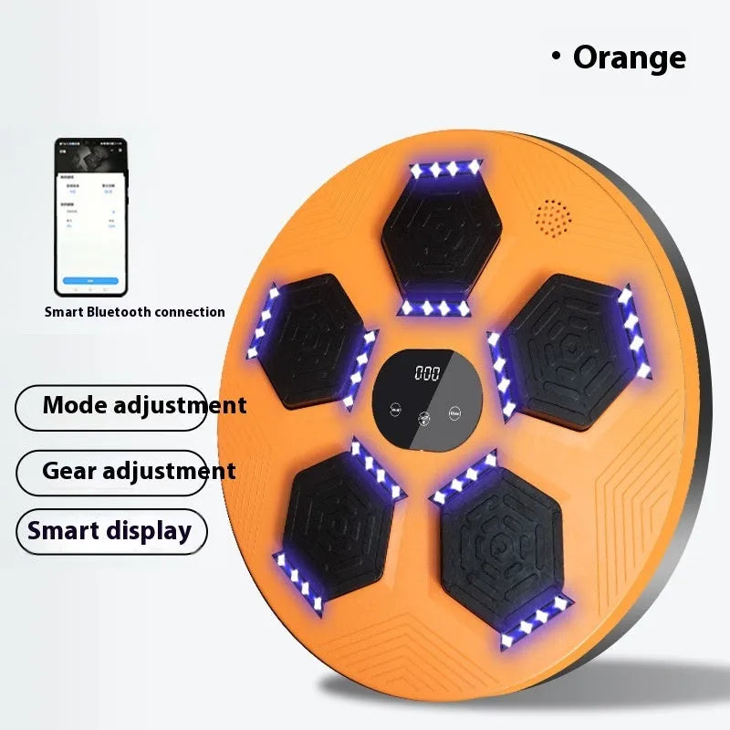 Smart music boxing machine reaction target with LED lights hanging on wall, includes boxing gloves