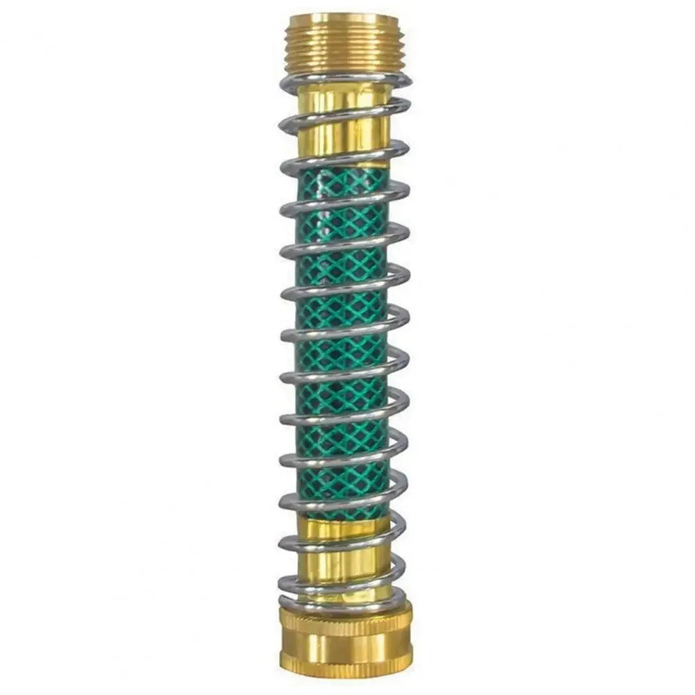 Brass garden spring hose connector with spiral spring, 15cm long with 3/4 inch threads.