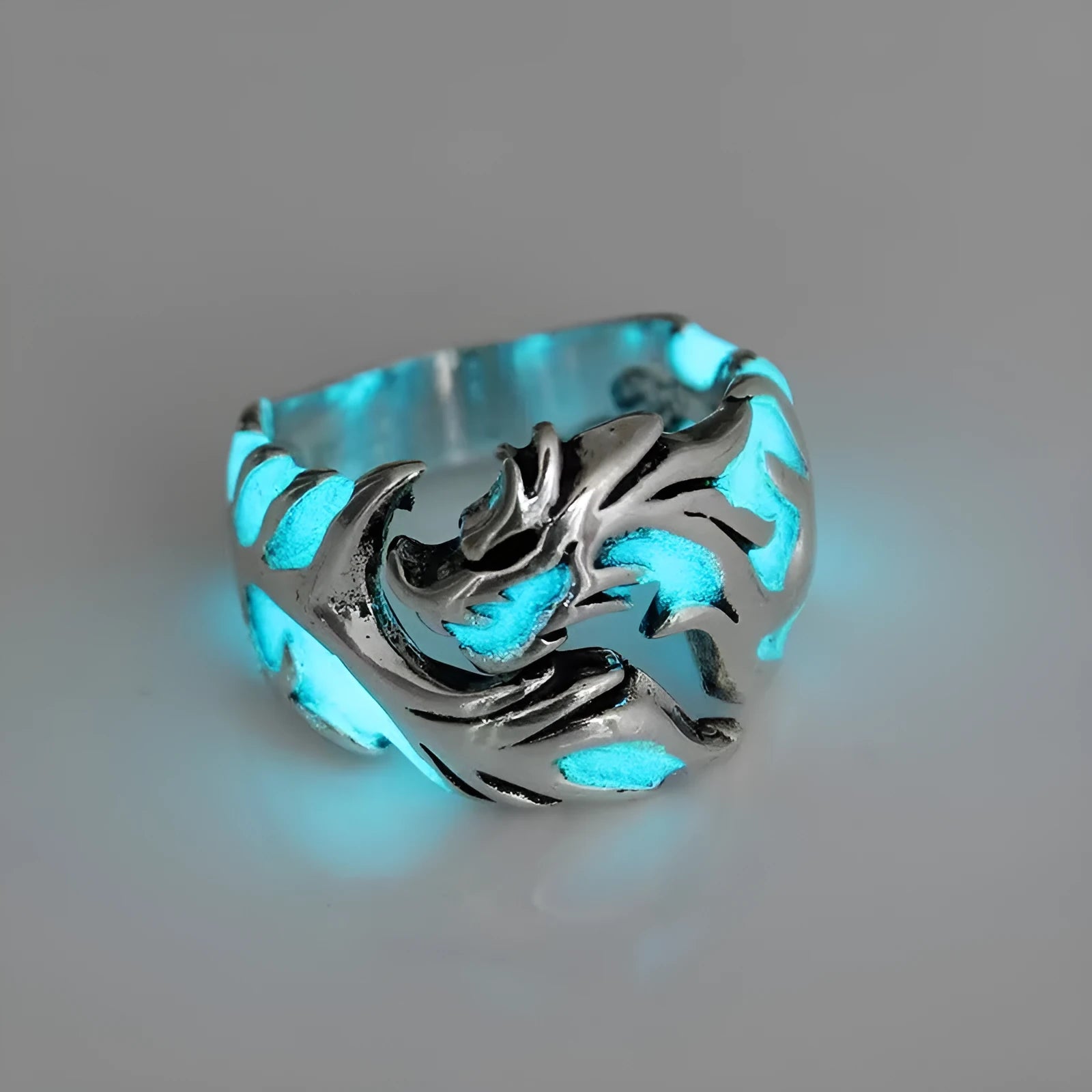 Adjustable Chinese dragon pattern ring with electroplated antique silver blue and green finish