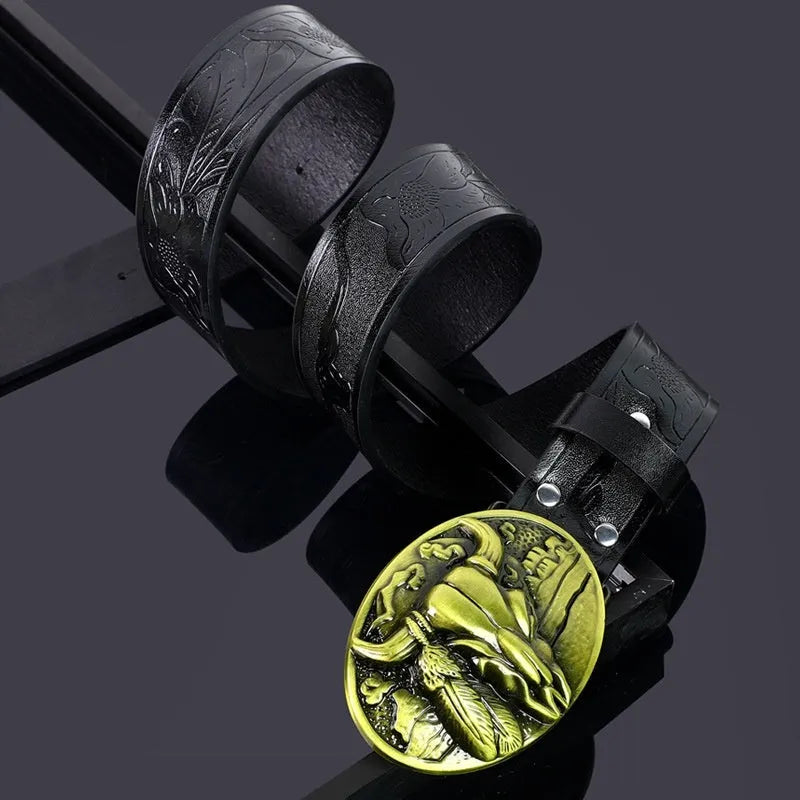 Men's black imitation leather belt with a metallic alloy cow head buckle and pin buckle fastening