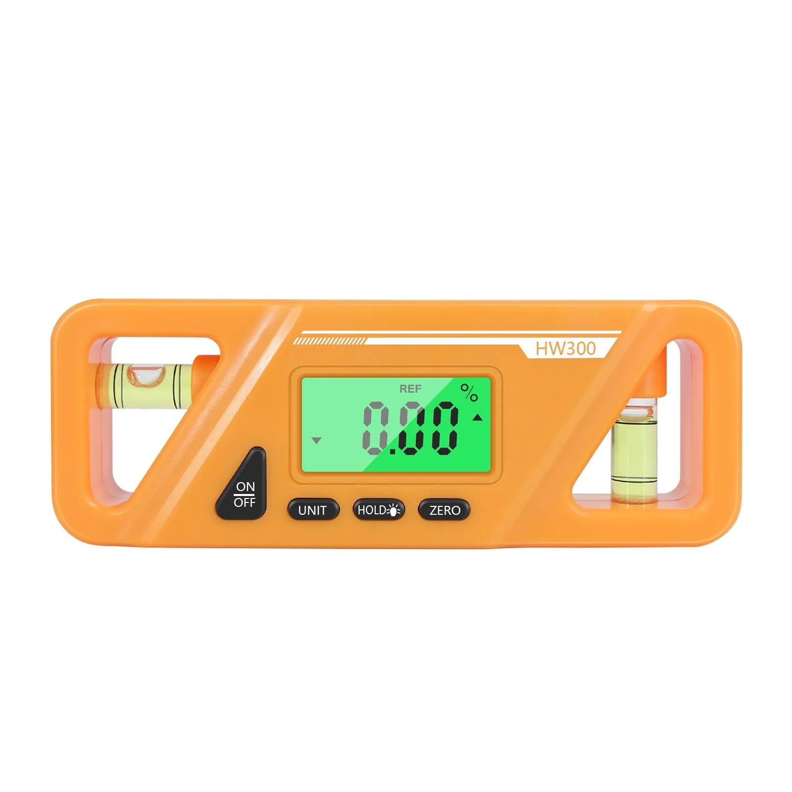 HW300 digital inclinometer level meter with magnetic base and LCD display, showing angle measurement.