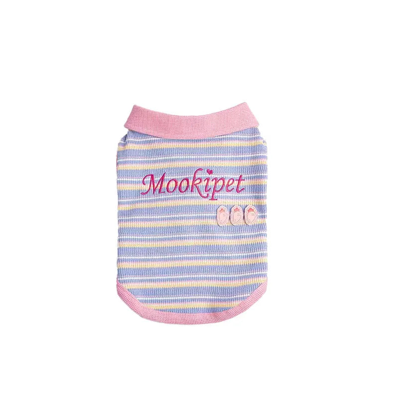 Pink purple knitted vest for a small dog on a mannequin, showing lightweight fabric and simple vest design.