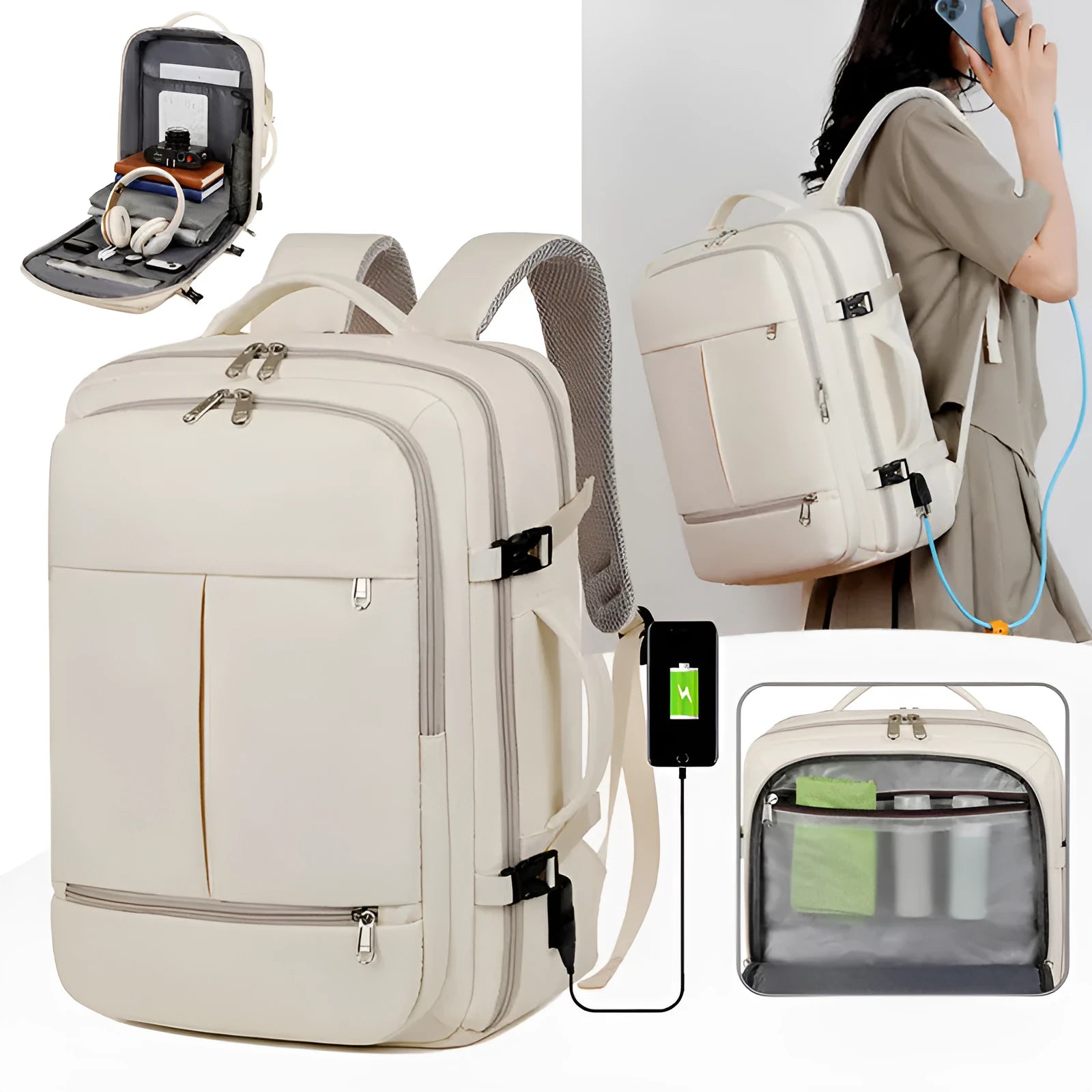 Large waterproof oxford cloth backpack with multiple pockets open to show 15.6-inch laptop compartment