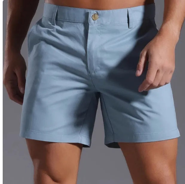 Men's cotton blend straight-leg shorts in solid colours with micro-elastic waistband