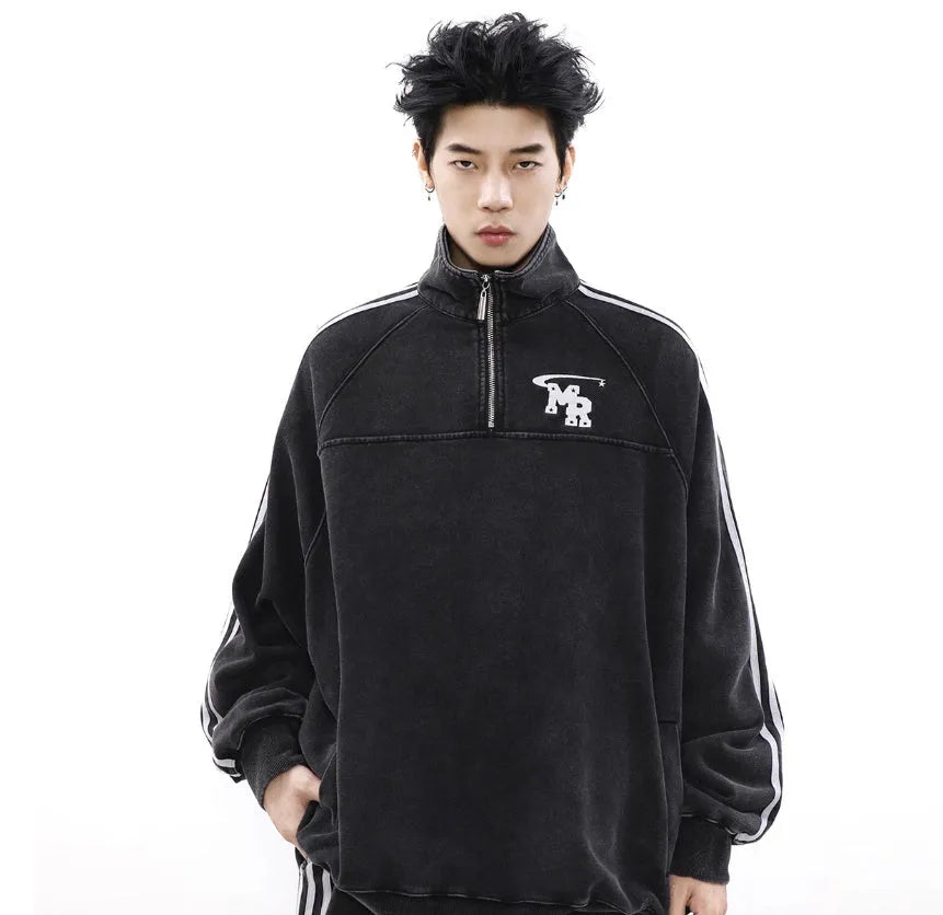 Black Hong Kong style stand collar hoodie for men, shown as a casual sports layer.
