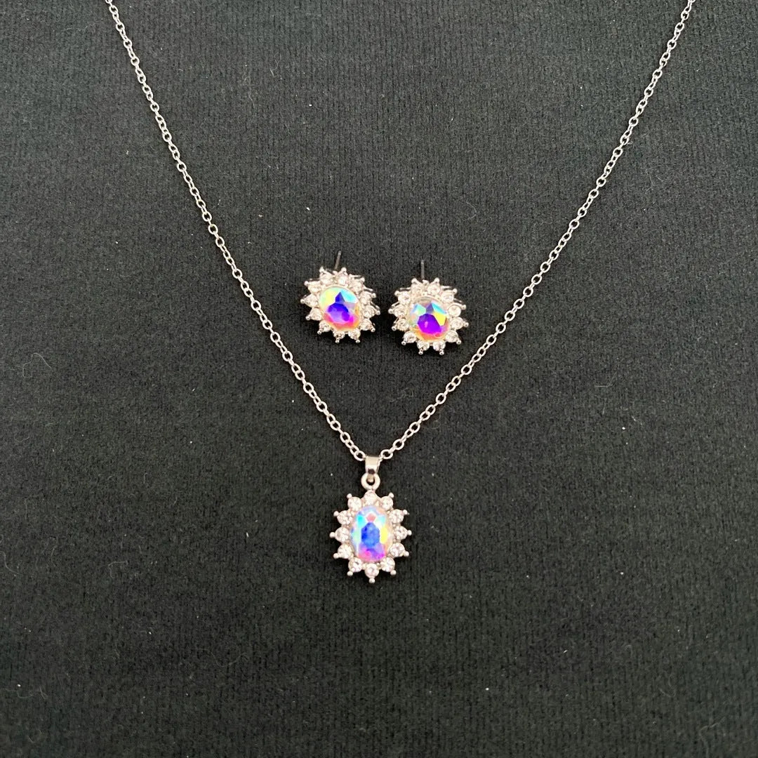 Sunflower zircon ear stud and necklace set for women in electroplated alloy with ellipse design elements