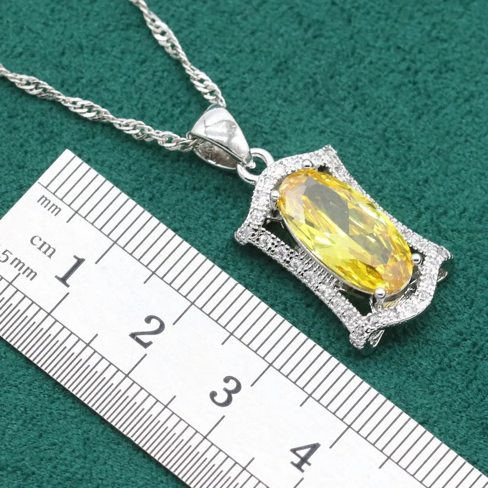 Yellow and olive anti-allergy zircon jewellery set with snake bone chain necklace, earrings, ring, and bracelet