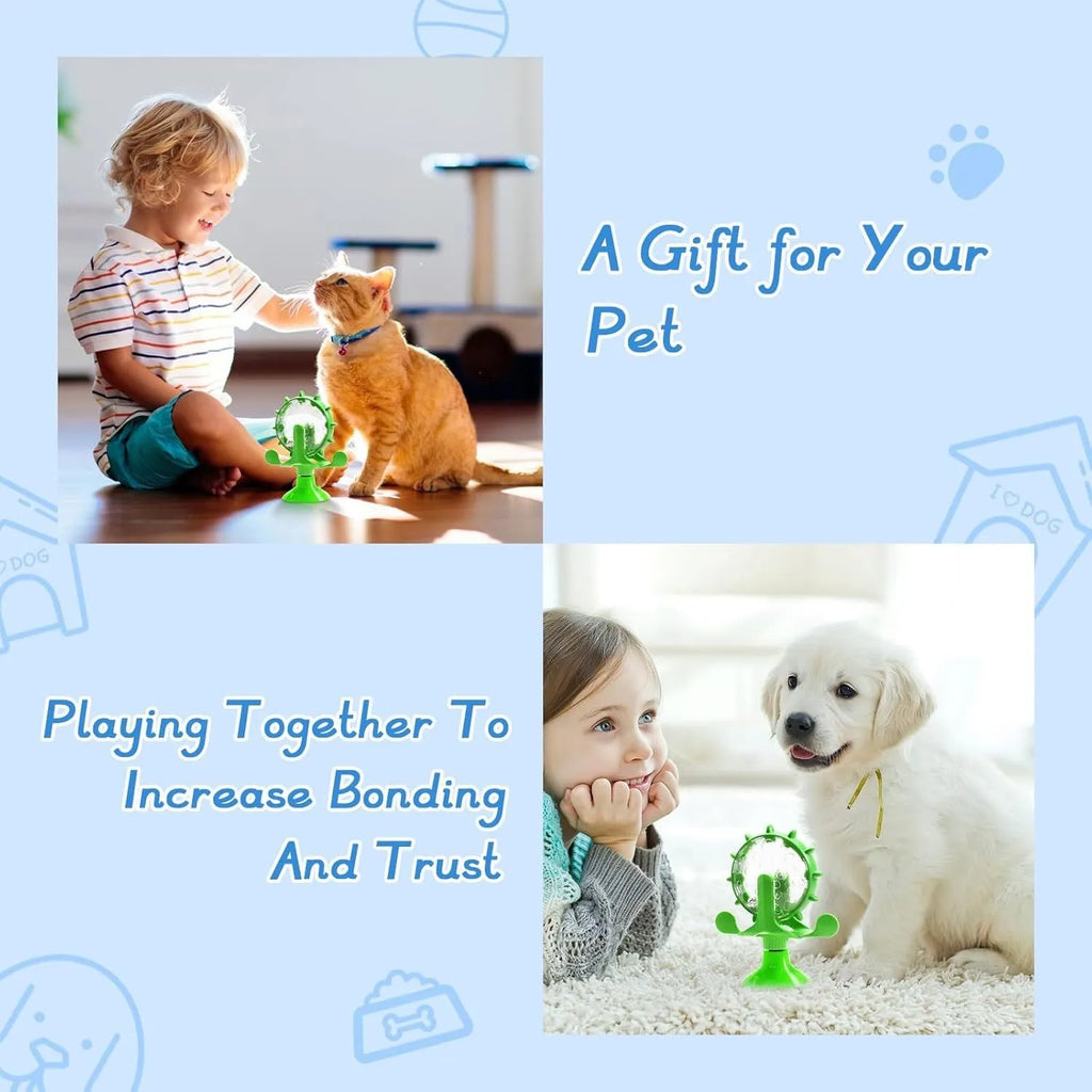 Interactive pet spinner toy with rotating feeder in blue, green, red, or yellow with suction cup base
