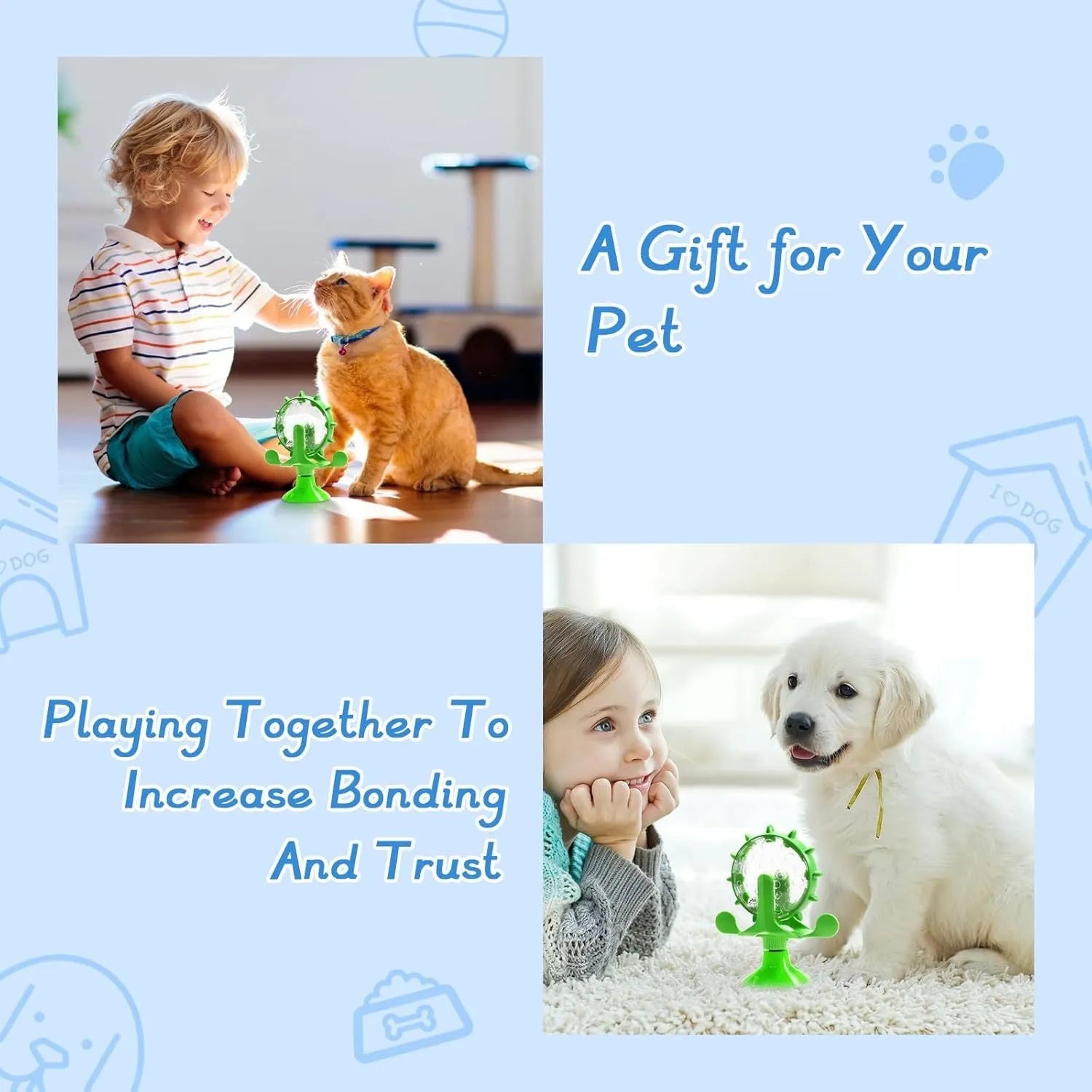 Interactive pet spinner toy with rotating feeder in blue, green, red, or yellow with suction cup base