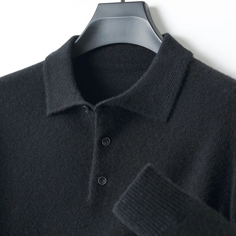 Men's grey wool polo collar sweater on a hanger, showing long sleeves and smart collar detail