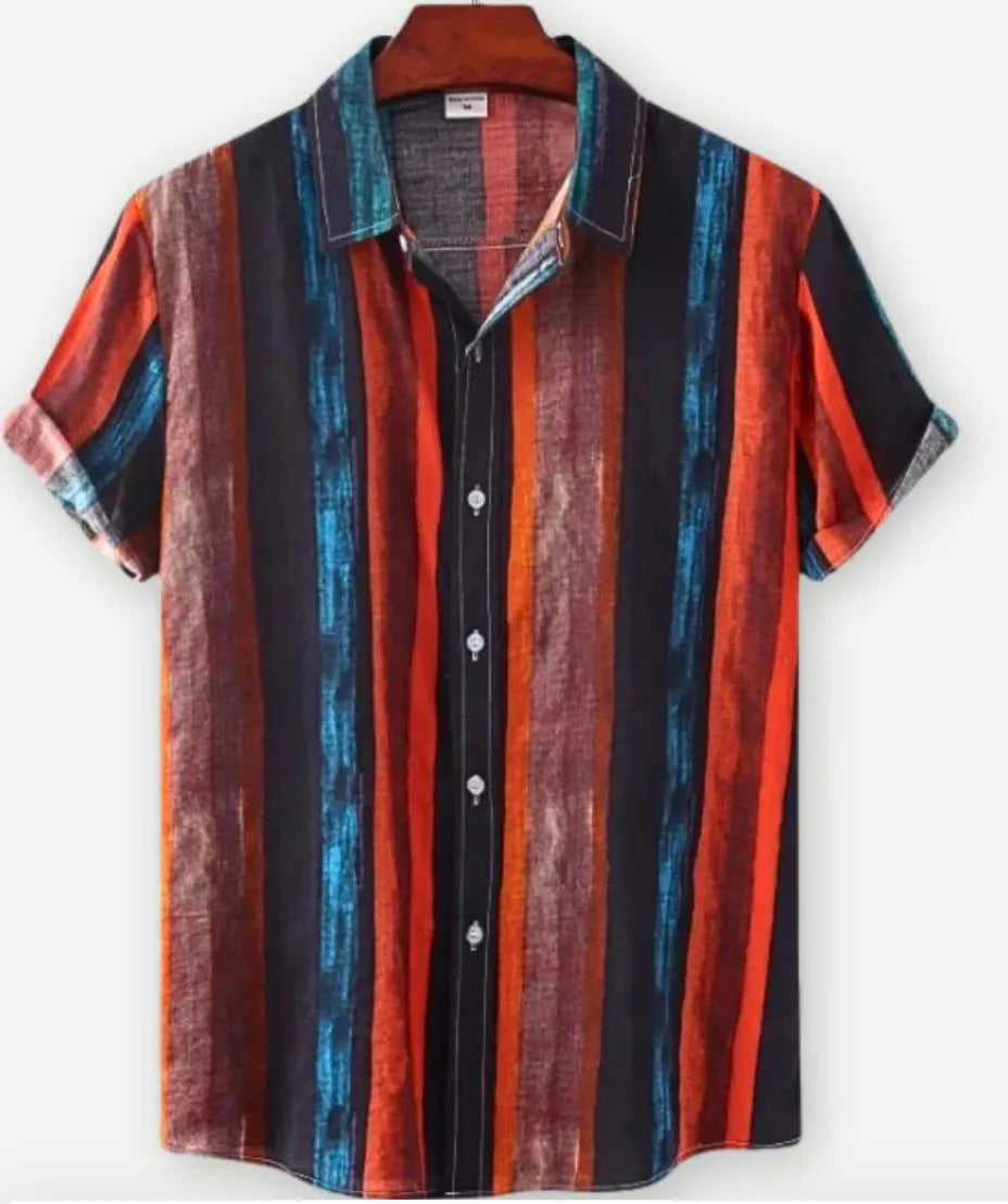 Hawaiian floral print short sleeve lapel cardigan shirt with elastic polyester fabric