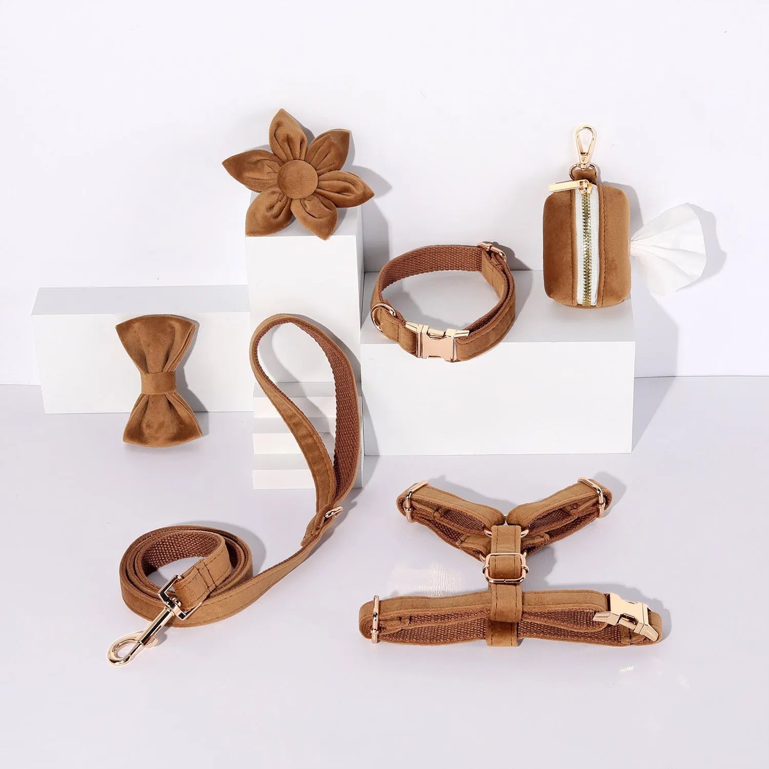 Classic velvet pet collar and traction rope set with matching bow tie, flower and accessories