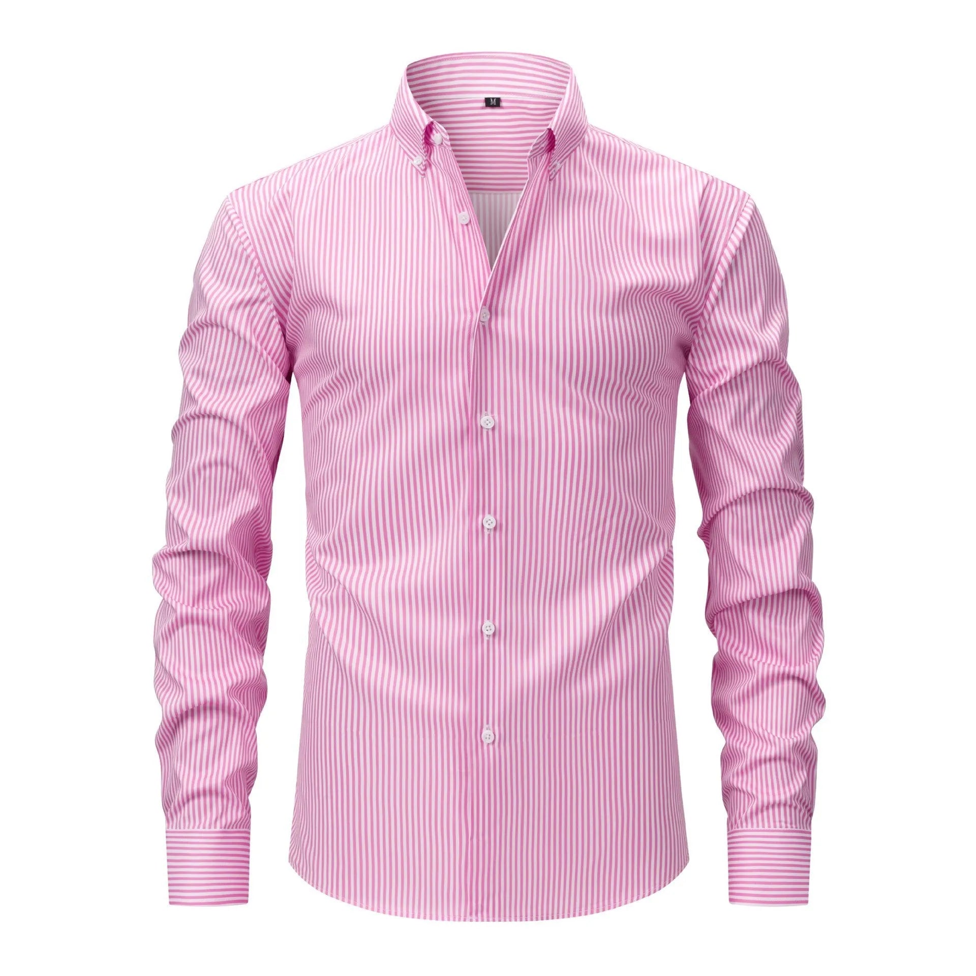 A man wearing a long-sleeved striped business shirt with a lapel collar, showcasing its non-ironing fabric.