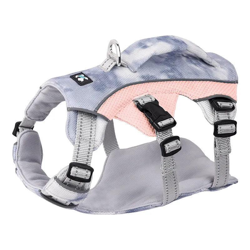 Light blue reflective dog cooling chest strap adjustable harness on a size chart.
