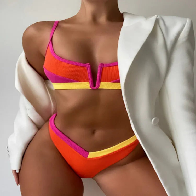 Women's high-waist triangle hot spring swimsuit in multiple colour options with sleeveless top and matching shorts